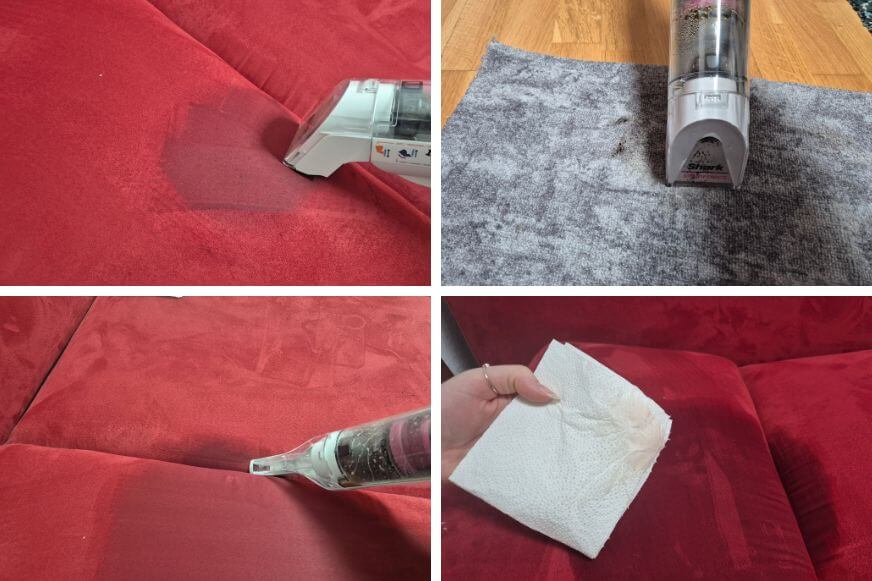 Akkulaufzeit im Alltagstest - Mehrere Flecken mit einer Akkuladung des Shark Stainforce bei Smart Home Fox im Test auf Couch und Teppich.